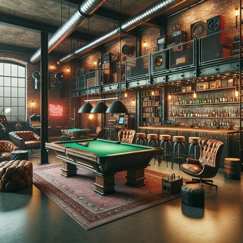 This masculine, urban-industrial pad boasts exposed brick, dark wood, and metal accents. Features include a sleek pool table, neon signs, stocked bar, jam stage, arcade games, and a library. Cozy lighting sets the mood. #MasculineDecor #UrbanIndustrial #ManCave #GameRoom #HomeBar #InteriorDesign Bar Games Room, Masculine Bar, Man Cave Living Room, Board Game Room, Male Aesthetic, Pool Table Room, Cozy Lighting, Home Bar Rooms, Man Cave Room