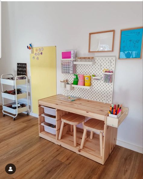 Dundra Table Hack, Lustigt Ikea Shelf, Family And Playroom Combo, Ikea Trofast Desk Hack, Ikea Trofast Ideas, Trofast Desk Hack, Trofast Desk, Playroom Trofast, Table For Playroom