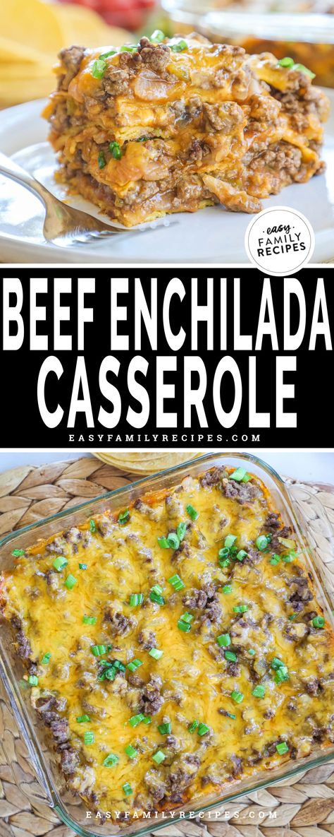 Dinner just got that much easier - and tastier - with this 6 ingredient Beef Enchilada Casserole. Layers of savory ground beef, onions, and green chilis are tossed in red enchilada sauce, melty cheese, and baked between corn tortilla shells. Your new go-to for a quick and easy weeknight meal that’s sure to be a family favorite! Ground Beef Enchilada Casserole, Cheese Enchilada Casserole, Beef Enchilada Casserole, Easy Enchilada Casserole, Chili Enchiladas, Corn Tortilla Recipes, Tortilla Casserole, Beef Enchilada, Ground Beef Enchiladas