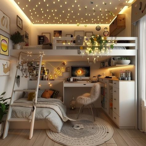 My Images Cute Room Loft Bed, Cozy Loft Bed Ideas, Room With Mezzanine Bedrooms, Cosy Loft Bedroom Ideas, Aesthetic Room With Loft Bed, Loft Bed Rooms Decor Aesthetic, Small Room Loft Bed, Bedroom Ideas Bunkbeds, Loft Bedroom Ideas Aesthetic