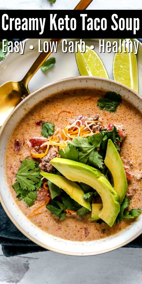 Creamy Keto Taco Soup - When you are in the mood for soup, make this creamy keto taco soup recipe. It’s warm and hearty with a bit of a bite!   #keto #ketorecipes #ketodiet #Ketotacosoup #tacosoup #soup #souprecipes #tacorecipes #mexicanfoodrecipes #dinnerideas #food #recipes Keto Taco Soup, Red Juice, Taco Soup Recipe, Mexican Soup, Keto Taco, Keto Soup, Low Carb Soup, Daily Exercise, Healthy Keto