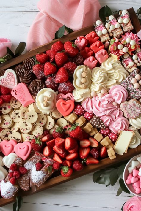 Pink Dessert Board, Red Food Board, Charcuterie Board Sweet, Valentines Themed Food, Valentine Charcuterie, Charcuterie Board Dessert, Desserts Board, Valentine's Desserts, Sweets Board