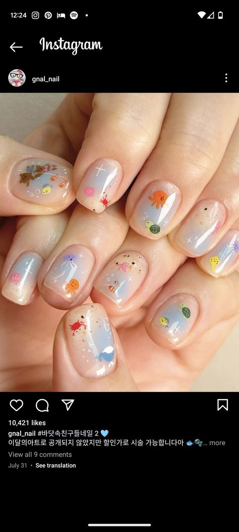 Nails With Sea Design, Sea Creature Nail Art, Sealife Nails, Fish Themed Nails, Sea Nail Art The Beach, Sea Life Nails, Sea Animal Nails, Sea Theme Nails, Nail Designs Ocean