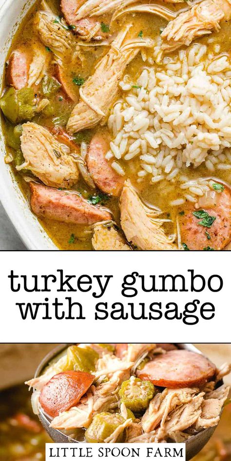 Turkey Gumbo Recipe, Little Spoon Farm, Turkey Gumbo, Louisiana Gumbo, Turkey Sausage Recipes, Turkey Leg Recipes, Gumbo Recipe Sausage, Smoked Turkey Legs, Turkey Soup Recipe