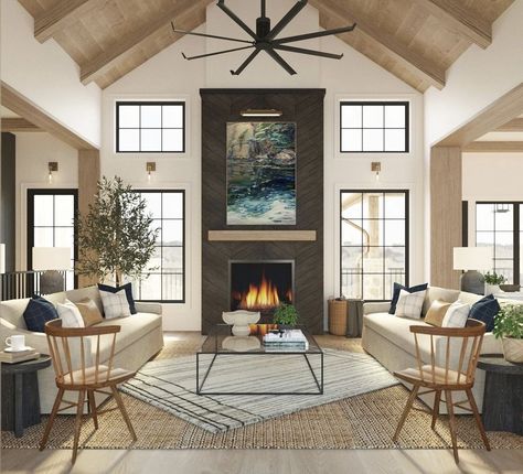 Great Room With Windows And Fireplace, Great Room Addition With Fireplace, Vaulted Ceiling Family Room, Vaulted Living Room With Fireplace, Vaulted Ceiling Living Room Fireplace, Cathedral Ceiling Living Room, Mountain Home Interiors, Ranch Living, Vaulted Ceiling Living Room