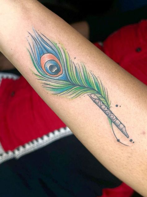 Krishna Flute Tattoo, Peacock Feather With Flute, Peacock Feather Tattoo Design, Feather Tattoo Black, Flute Tattoo, Angel Tattoo For Women, Baby Footprint Tattoo, Krishna Tattoo, Tattoo Design For Hand