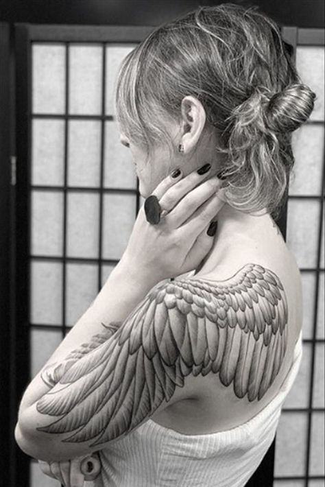 Angel Wings Tattoo Shoulder, Phoenix Wings Tattoo, Angel Wings Tattoo Forearm, Wing Tattoo On Shoulder, Wing Tattoo Arm, Angel Wing Tattoos, Angel Wing Tattoo, Wing Tattoos On Back, Backpiece Tattoo