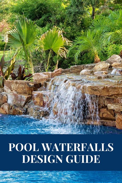 Thinking about adding a waterfall to your swimming pool design? Check out these pool waterfall ideas. Pool Waterfall Landscaping, Pool Waterfall Ideas, Waterfall Designs, Pool Waterfalls, Spa Waterfall, Waterfall Landscaping, Swimming Pool Fountains, Swimming Pool Waterfall, Waterfall Ideas