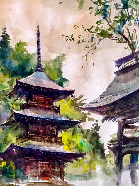 Arch Watercolor, Japan Sketch, Temple Watercolor, Japan Watercolor, Indian Illustration, Japanese Watercolor, Watercolor Landscapes, Diy Wall Painting, Animal Drawings Sketches