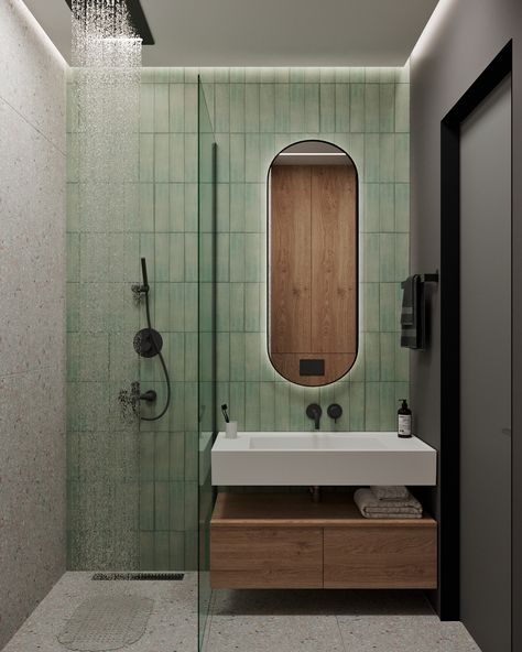 Fresh :: Behance Light Green Bathrooms, Small Bathroom With Shower, Berlin Apartment, Minimalist Apartment Style, Round Wood Dining Table, Flat Ideas, Bathroom Goals, Interior Rendering, Studio Room