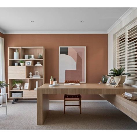 In the mood for mauve and terracotta this Monday night! Terracotta Study Room, Rust Office Decor, Terracotta Office Interior, Home Office Terracota, Terracotta Office Decor, Terracotta Home Office, Terra Cotta Office, Terracotta Lounge, Terracotta Accent Wall