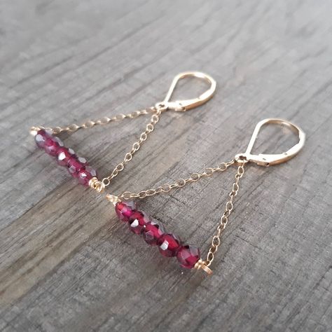 These Pretty, Handmade Earrings Feature Bars Of Small (3 Mm) Faceted, Round, Dark Red Garnet Gemstone Beads And Delicate 14k Yellow Gold-Filled Chain. These Cute Dangle Earrings Are Dainty And Lightweight. They Are Made With 14k Yellow Gold-Filled Ear Wires And Gold-Filled Wire. Total Earring Length Is Approximately 1-3/4". Handmade Jewelry Logo Ideas, Garnet Dangle Earrings For Pierced Ears, Easy Handmade Earrings, Garnet Dangle Birthstone Jewelry, Elegant 14k Gold-filled Red Jewelry, Elegant Red 14k Gold-filled Earrings, Garnet Birthstone Dangle Jewelry, Elegant Red 14k Gold Filled Earrings, Elegant Red Gold Jewelry