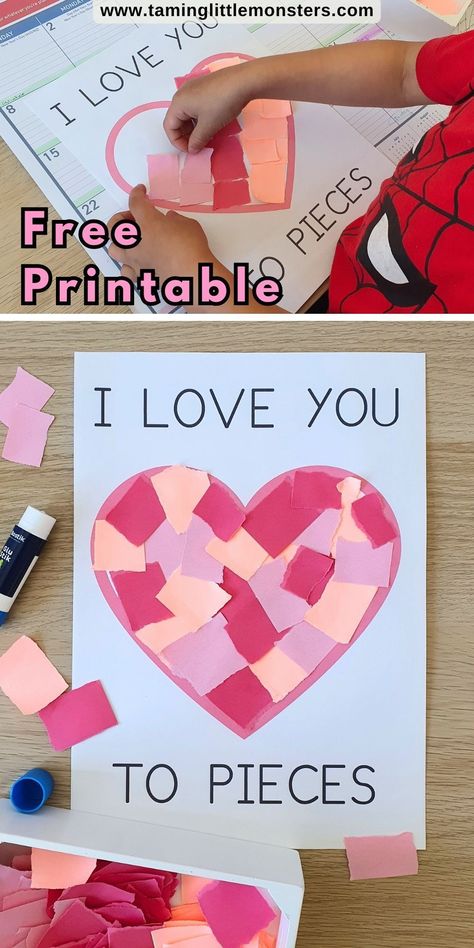 I Love You To Pieces Valentine's Day Craft for Kids. Free Printable Template. A fun art and craft activity for toddlers, preschoolers and kindergarteners. Perfect for sending home to parents this valentine's day. #valentine #artsandcrafts #freeprintable #toddler #preschool #kindergarten Valentine's Preschool Crafts, Valentine Cards Crafts For Kids, At Home Crafts For Toddlers, Va!entines Day Crafts For Kids, Valentines Day Projects For Toddlers, Valentines Craft For Kindergarteners, Valentines Keepsake Crafts For Kids, Love Crafts For Toddlers, Heart Craft Preschool