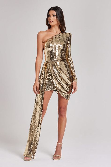 Best Selling Women's Occasion Pieces | NADINE MERABI Gold Gowns, Nadine Merabi, Mini Gold Dress, Nye Fashion, Mini Homecoming Dresses, Golden Dress, Gold Sequin Dress, Sequin Sleeve, Golden Birthday