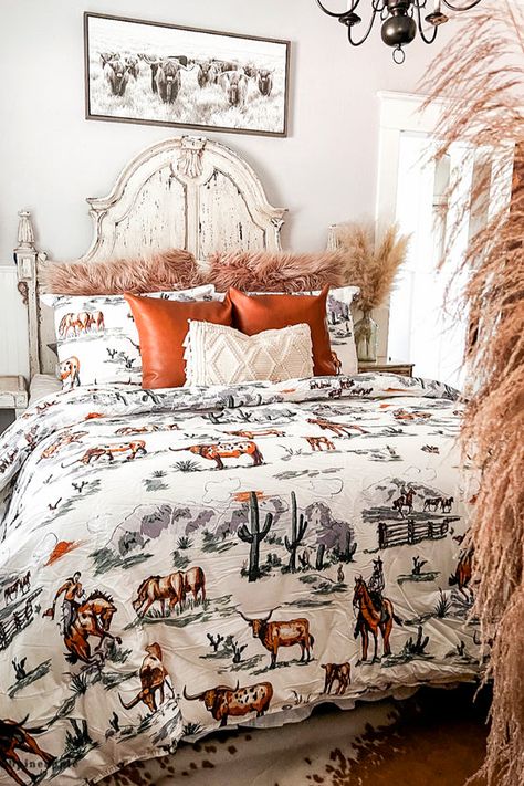 Make It Western Bedding – theFRINGEDpineapple Western Bedroom Ideas Ranch Style Rustic, Room Ideas Western, Cozy Western Bedroom, Western Beds, Toile Comforter, Cowgirl Theme Bedrooms, Boho Western Bedroom, Western Style Bedroom, Western Colors