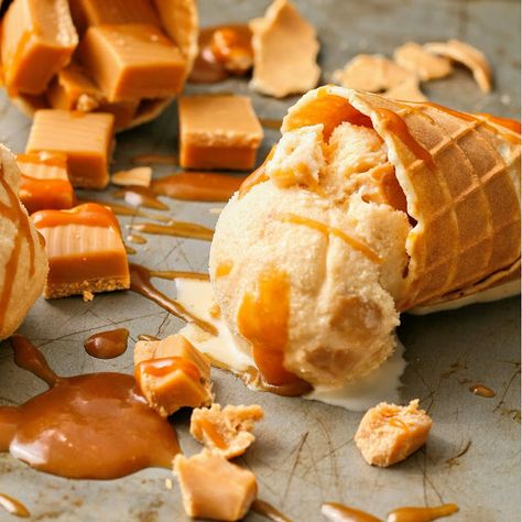 Salted caramel ice cream with chewy toffee chunks. Caramel For Ice Cream, Caramel Ice Cream Aesthetic, Poppy Core, Salted Caramel Gelato Recipe, Salted Caramel Ice Cream Aesthetic, Salted Caramel Toffee, No Churn Salted Caramel Ice Cream, Ice Cream Salted Caramel, Caramel Ice Cream Recipe