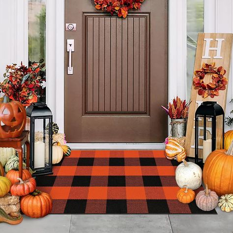 PRICES MAY VARY. 【Perfect Size】Our fall plaid outdoor rug offers the most complete size selection, multiple sizes and multiple uses. The fall doormat is perfect for your indoor and outdoor front doormat, entryway rug, front porch decoration, bathroom, bedroom, kitchen, laundry room, farmhouse doormat, etc 【Match with Anti-Slip Rug Pad】This anti-slip buffalo check rug itself does not have a rubber backing on the back, but Fixseed provides you with an anti-slip small rugs pad to use with it, givin Fall Decorations For Small Front Porch, Small Fall Porch Decor, Fall Porch Steps Decor, Small Front Door Decor, Fall Decor Entryway, Autumn Porch Decor, Fall Outdoor Decor Front Porch, Modern Porch Decor, Small Fall Porch