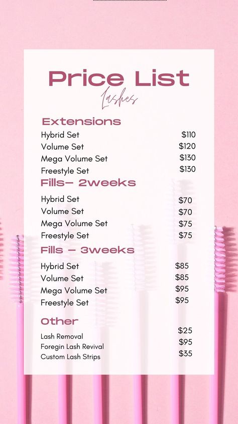 Instagram Lash Tech Price List, Pink Lash Tech Template - Etsy Beginner Lash Tech Price List, Lashes Instagram Post, Lash Tech Prices, Lash Tech Supplies List, Lash Prices For Beginners, Lashes Instagram Feed, Lash Policy, Lash Policies, Lash Tech Policies