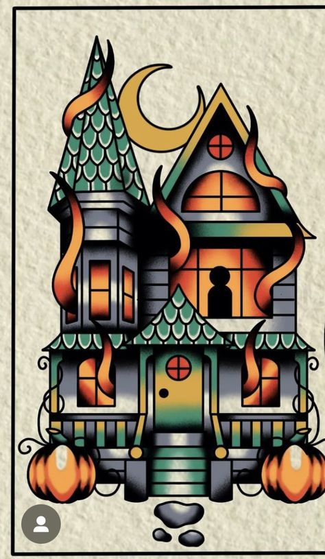 Neo Traditional Haunted House Tattoo, Haunted House Traditional Tattoo, American Traditional Haunted House Tattoo, Traditional House Tattoo, Spooky House Tattoo, Traditional Forest Tattoo, Haunter Tattoo, Haunted House Tattoo, Tattoo Artist Tips