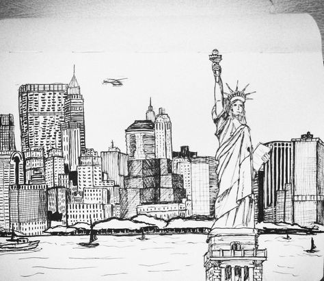 New York City Skyline Drawing, New York Drawing Sketches, New York City Drawing Sketches, New York Buildings Drawing, Perspective Environment, New York Skyline Drawing, New York Perspective, New York City Sketch, City Skyline Drawing