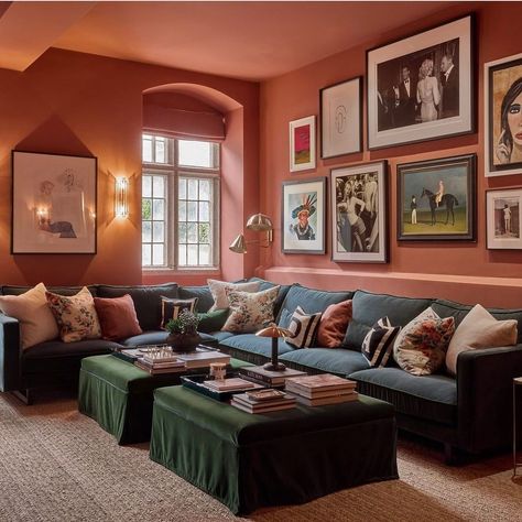 Edward Bulmer Natural Paint on Instagram: "‘Red Ochre’ in the film room @langdoncourtmanor the Devon Manor House being brought back to life by the brilliant @donnaida and…" Red Sitting Room, Painting The Ceiling, Edward Bulmer, Natural Paint, Red Ochre, Living Room Red, Blue Sofa, Living Room Inspo, Lounge Room