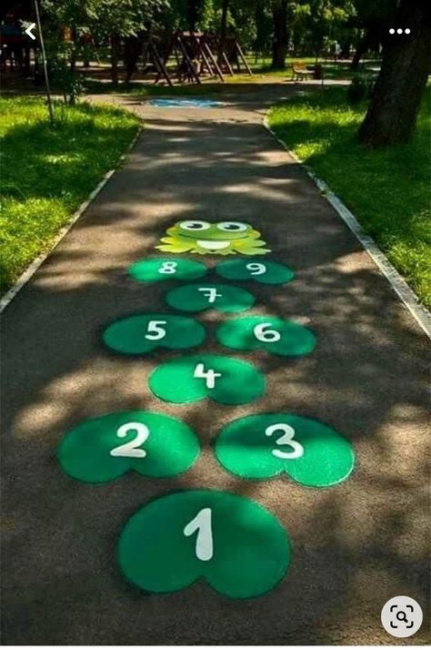 Cute Hopscotch Ideas, Hopscotch Ideas, Playground Painting, Preschool Playground, Playground Flooring, Playground Games, School Wall Art, Sensory Garden, School Murals