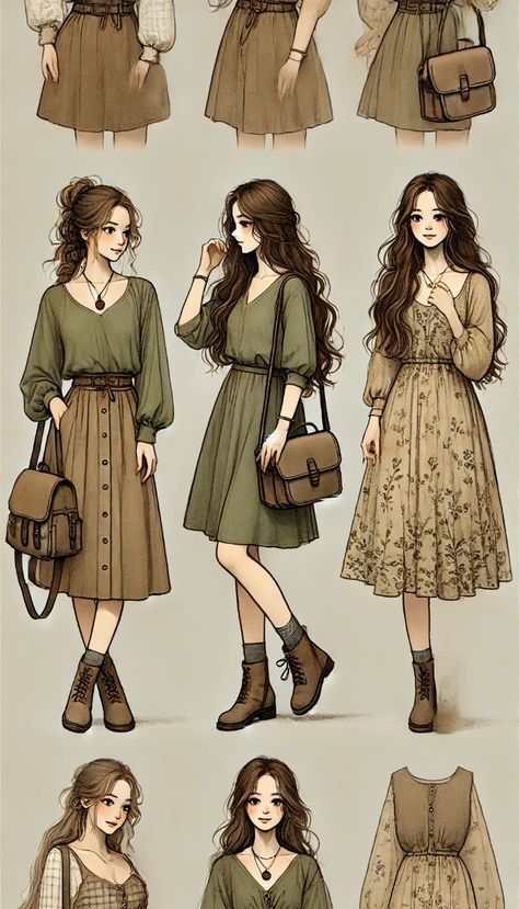 Fantasy Everyday Outfits, Autumn Outfits Drawing, Casual Outfit Drawing, Fairy Academia Outfit, Hobbitcore Outfits, Fall Maxi Skirt, Academia Aesthetic Outfit, Flowy Maxi Skirt, Fall Maxi