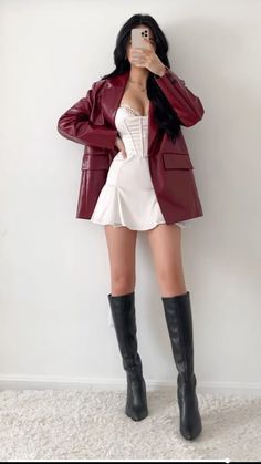 Petite Leather Jacket Outfit, Cherry Fashion Aesthetic, Fate Concert Outfit, Cherry Red Jacket Outfit, Bold Aesthetic Outfit, Red Leather Jacket Outfit Winter, Kali Uchis Outfits Concert Ideas, Girl In Red Concert Outfit, Red Clothing Aesthetic