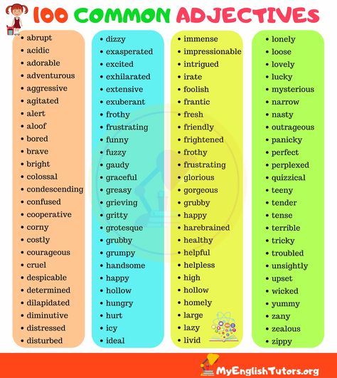 List of 100 Common Adjectives in English Adjectives In English, Adjectives Lesson, English Vocabulary List, Common Adjectives, Words To Describe People, Adjective Words, List Of Adjectives, English Adjectives, Comparative Adjectives