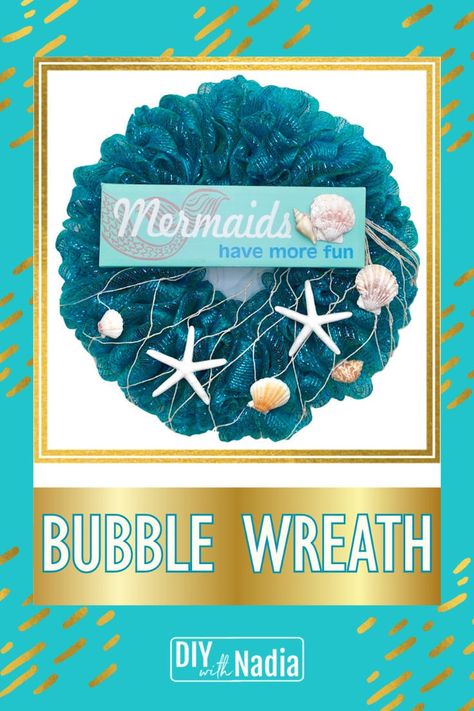 EASY 21 inch Deco Mesh BUBBLE METHOD Wreath DIY Tutorial Nautical Mermaid Summer Wreath Bubble Wreath, Mermaid Summer, Nautical Wreath, Wreath Diy, Summer Wreath, Diy Wreath, Deco Mesh, Beach Decor, More Fun