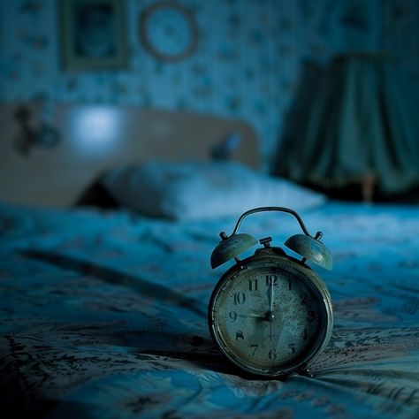 Midnight Alarm Clock: An old-fashioned alarm clock stands prominently in the foreground of a dimly lit, cozy bedroom scene. #clock #vintage #bedroom #night #blue #aiart #aiphoto #stockcake ⬇️ Download and 📝 Prompt 👉 https://ayr.app/l/dsUx Vintage Alarm Clock Aesthetic, Old Fashioned Clock, Bedroom Candles, Bedroom Scene, Floral Bedspread, Tranquil Bedroom, Antique Lanterns, Vintage Alarm Clocks, Xmas 2024