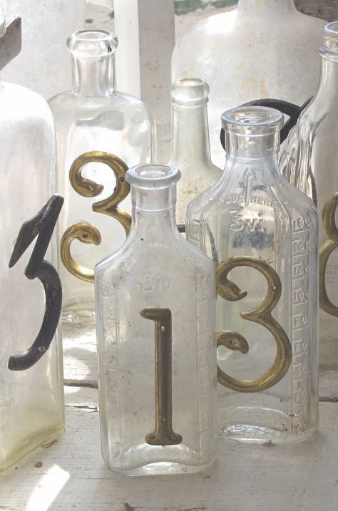 Prohibition Wedding, Crafty Decor, Jar Art, Altered Bottles, Table Set Up, Vintage Bottles, Vintage Eclectic, Apothecary Jars, Wedding Table Numbers