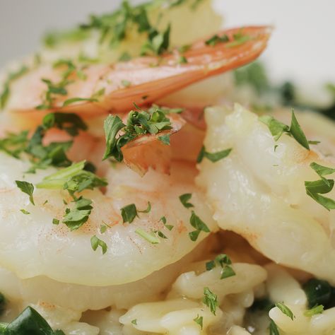 Butter-Poached Shrimp and Orzo Recipe by Tasty Lemon Butter Chicken Pasta, Buzzfeed Tasty, Orzo Recipes, Mac Cheese Recipes, Shrimp Dishes, Diet Vegetarian, Foodie Recipes, Orzo, Cheese Recipes