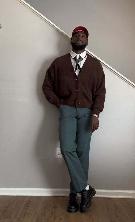 Men Brown Cardigan Outfit, Art Gallery Men Outfit, Corporate Street Style Men, Cardigan Outfits For Men, Cardigan And Tie Outfit Men, Men Conference Outfit, Sweater And Tie Men's Fashion, Church Boy Outfits, Formal Sweater Men