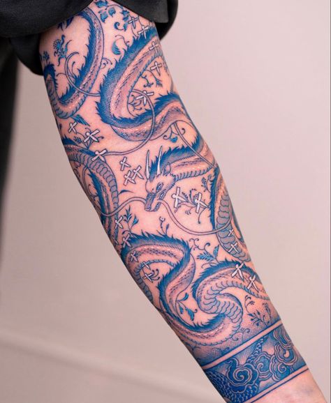 Oozy_tattoo on Instagram Haku Tattoo, Japanese Forearm Tattoo, Ak47 Tattoo, Blue Dragon Tattoo, Colour Tattoo For Women, Hard Tattoos, Flower Tattoo Ideas, Occult Tattoo, Cool Forearm Tattoos