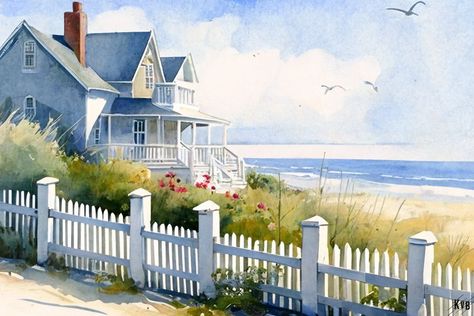 Lake House Watercolor, Beach House Painting Canvas, Beach House Drawing, Houses On The Beach, Beach House Painting, Watercolor Scenes, Beach Houses Architecture, House Watercolor, Beach Art Prints