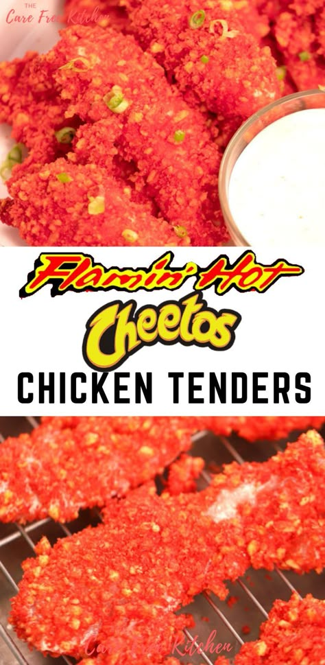 These Hot Cheetos Chicken Tenders are oven baked and so easy to make. They are spicy, crunchy, flavorful on the outside and tender and juicy on the inside.  This Flaming Hot Cheetos Chicken recipe is gonna knock your socks off #cheetos #chicken #spicychicken #ovenbaked #crispy #chickentenders Cheetos Chicken Recipes, Cheeto Chicken Tenders, Recipes Using Cheetos, Spicy Chicken Appetizers, Recipes With Hot Cheetos, Hot And Spicy Recipes, Hot Cheeto Chicken Tenders, Hot Cheetos Chicken Tenders, Cheetos Chicken Tenders