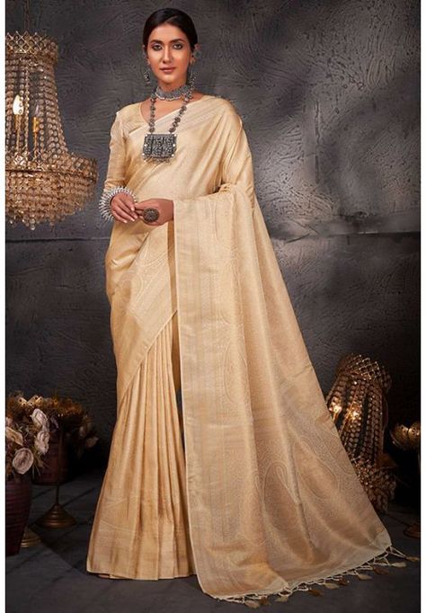 Cream Woven Kanjivaram Silk Saree Cream Silk Saree, Gold Silk Saree, Classic Saree, Silk Weaving, Latest Indian Saree, Indian Designer Sarees, Indian Sarees Online, Wedding Saree Indian, Trendy Sarees