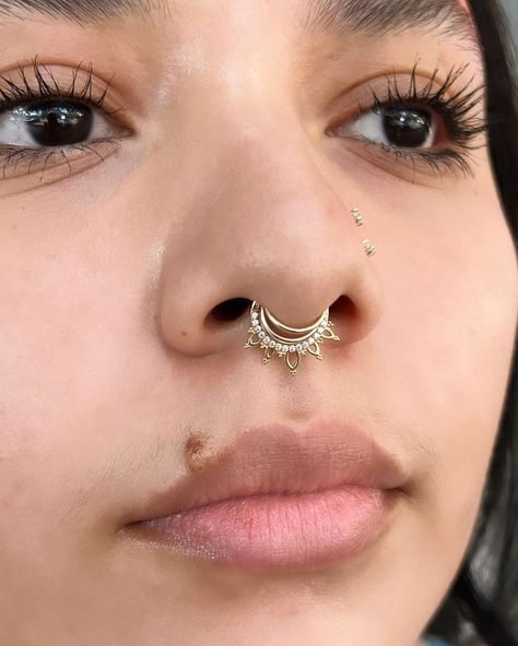 Bling bling • Instagram Stacked Septum Piercing, Nostril And Septum Piercing Together, Septum Stack, Nostril And Septum, Piercing Setup, Stacked Septum, Dainty Septum, Piercing Inspiration, Septum Piercing