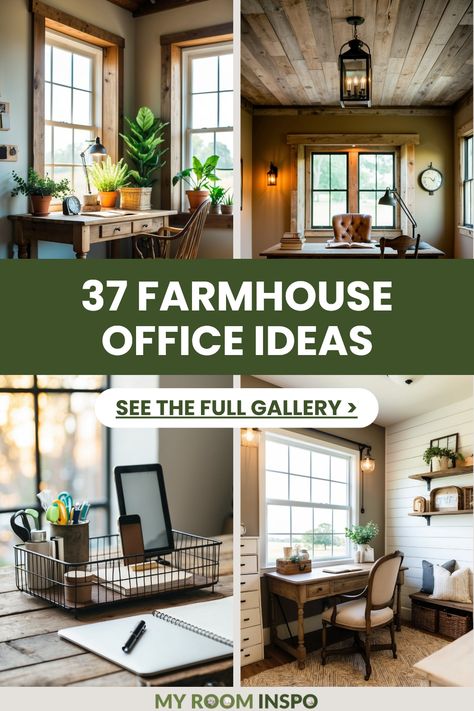 This pin features 4 images highlighting cozy farmhouse office ideas that blend rustic charm with functional workspace solutions. Transform your office for a welcoming and productive feel! Small Office Farmhouse Style, Small Farmhouse Home Office, Rustic Modern Office Decor, Small Farmhouse Office Ideas, Farmhouse Cubicle Decor Office, Western Home Office Ideas, Joanna Gaines Office, Farmhouse Office Decor Work Spaces, Shabby Chic Office Ideas