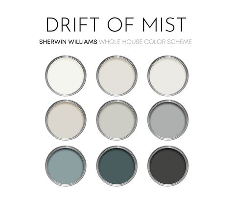 This listing is for a Drift of Mist paint palette, created with Sherwin Williams paint colors and featuring the best selling color, Drift of Mist. I have carefully selected a range of 9 colors for this palette, and included options for walls, trim, furniture, cabinets and doors.  Sherwin Williams has thousands of paint colors, each with their own unique undertones. This can make choosing the right paint colors hard. The colors in this collection were carefully selected to coordinate with each ot Drift Of Mist Sherwin Williams Living Room, Dark Green And Blue Bedroom, Sherwin Williams Interior Paint Schemes, Paint Iron Ore, Neutral Interior Colors, Drift Of Mist Sherwin Williams, Drift Of Mist, Neutral Interior Paint Colors, Colors For Home