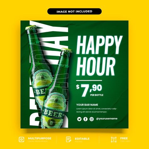 PSD Beer Happy Hour Social Media Template Design Beer Poster Design, Beer Branding Design, Happy Hour Beer, Beer Advertisement, Beer Ad, Social Media Advertising Design, Beer Poster, Publicidad Creativa, Social Media Poster