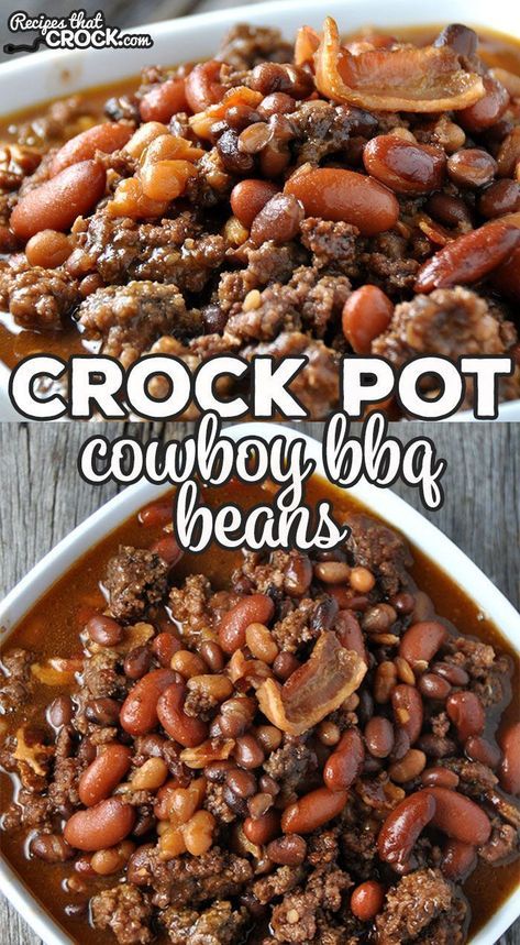 Crock Pot Bean Recipes Slow Cooker, Three Meat Cowboy Beans, Baked Bean Chili Crock Pot, Large Family Slow Cooker Meals, 3 Meat Cowboy Beans Crockpot, Cowboy Beans For 100 People, Crockpot Bbq Baked Beans, Biker Beans Recipe, Best Bbq Beans Recipe