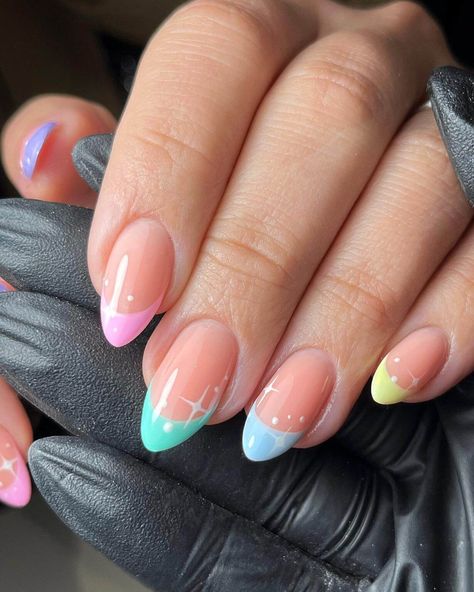 51 Cute Pastel Easter Nails - Ak Pal Kitchen Pastel Tip Nails Almond, Pastel Easter Nails French, Multicoloured French Tip Nails, Pastel Tips Nails, Pastel Nail Tips, French Pastel Nails, Simple Pastel Nails, Fun French Nails, Pastel French Nails