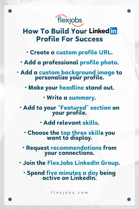 Being active on LinkedIn can make all the difference in your job search. With 95% of recruiters using LinkedIn to find candidates, optimizing your profile can help get you noticed by hiring managers and enable you to build connections with other professionals in your industry. The FlexJobs Career Coaching team put together this LinkedIn checklist to help you create a profile that can lead straight to job search success! Check it out and spruce up your profile today 👉 https://bit.ly/3tRy5FF Job Search Motivation, Cover Letter Tips, Career Coaching, College Stuff, Job Search Tips, Flexible Working, Interview Tips, Career Coach, Your Profile