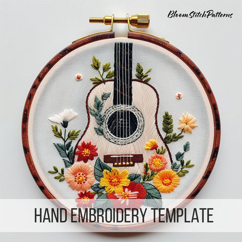 This charming design features a beautifully adorned guitar surrounded by intricate floral patterns, offering a harmonious blend of nature and melody. Let your stitching skills strum a sweet tune with this delightful pattern! Explore our store for more musical inspirations! #FloralGuitar #HandEmbroidery #EmbroideryPattern #DIYCrafts #EmbroideryInspiration #Stitching #Crafting #PinterestCrafts #EmbroideryDesigns August Song, Guitar Embroidery, Music Embroidery, Embroidered Guitar, Floral Guitar, Beginner Embroidery, Pinterest Crafts, Embroidery Diy, Embroidery Template