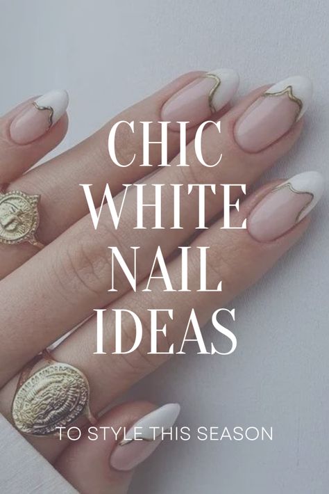 60 + White Nail Ideas, white nail ideas, winter white nails, white nails, negative space nails, french tip nails, marble nails, chrome french tip white nails Metallic White French Tip Nails, Small White Nail Designs, White Nails With Silver Lines, White Tip With Gold Line Nails, White Winter Nail Ideas, White And Gold Nails Almond, French Tip Nails Marble, Square White Acrylic Nails, White Nails With Gold Design