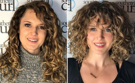 curly bang transformation Curly Fringe, Curly Cuts, Curly Bangs, Medium Curly, Medium Curly Hair Styles, Haircuts For Curly Hair, Wavy Curly Hair, Curly Hair Inspiration, Coily Hair