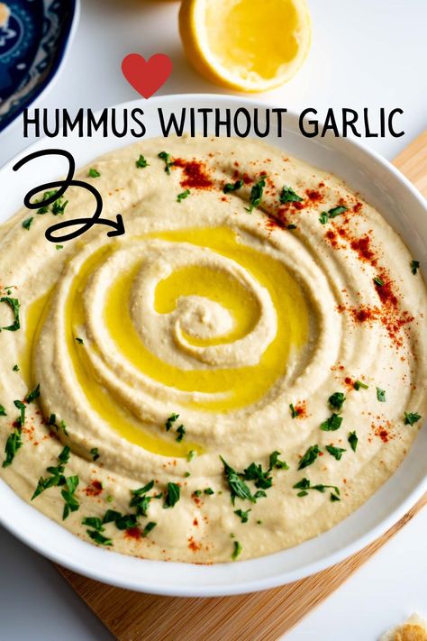 A bowl of hummus without garlic. Garlic Free Hummus, Hummus Recipe Without Garlic, Easy Homemade Hummus, Homemade Hummus Recipe, Healthy Liver Diet, Garlic Breath, Creamy Hummus, Hummus Recipe Homemade, Raw Broccoli