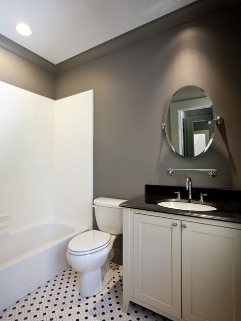 Wall color - SW Dovetail  BORING bathroom but love that wall color. Coventry Gray, Taupe Walls, Bathroom Paint, Eclectic Bathroom, White Tile Floor, Bathroom Color Schemes, Modern Sink, Perfect Paint Color, Floor Tile Design